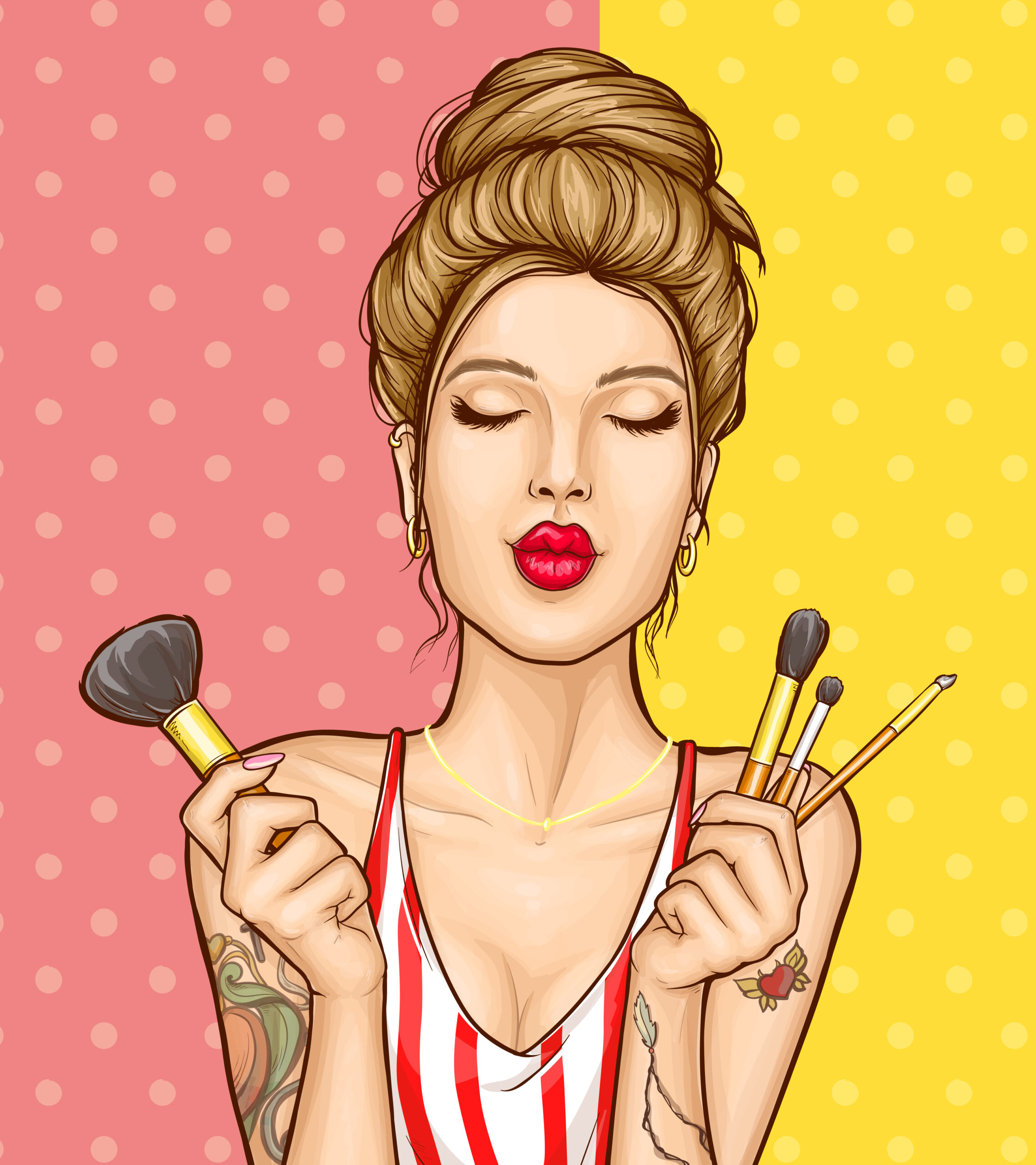 Beauty saloon, face makeup cosmetics pop art vector advertising banner or promo poster template. Shoulder portrait of young, woman with closed eyes, holding various makeup brushes in hand illustration